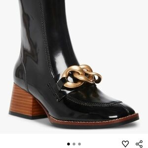 Steve Madden Black Patent Heeled Boots with Gold Chain
